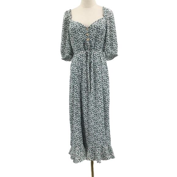 LULU'S SZ M Green Cute Contentment Floral Button-Front Ruffled Dress B115 flaw - Picture 3 of 11